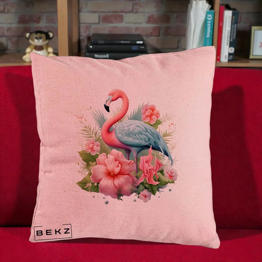 Perna Decorativa Flamingo cu Hibiscus Tropical, 40x40 cm, Roz, Husa Detasabila, Perna Inclusa, BEKZ®