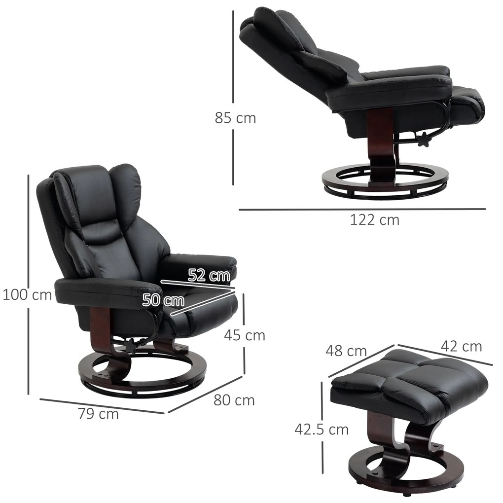 HOMCOM Fotoliu Relaxant si Puf, Reclinabil la 145° cu Scaun Rotativ din Piele Ecologica, Negru | Aosom Romania