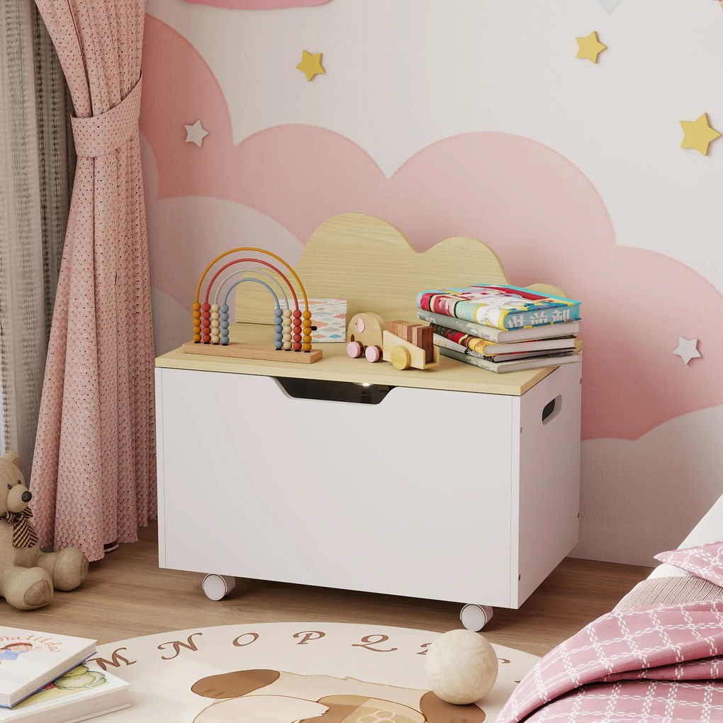 AIYAPLAY Cufăr de jucării pentru copii pe roți, cutie de depozitare pentru copii cu capac rabatabil, 59 x 30 x 53 cm, alb | Aosom Romania