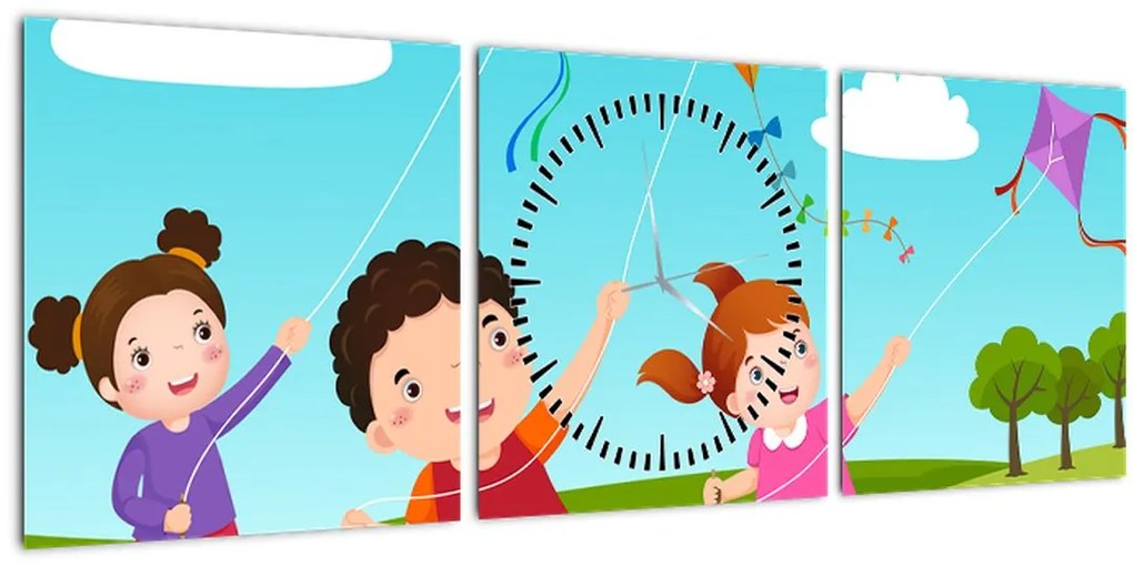 Tablou - Copii cu zmeu (cu ceas) (90x30 cm)