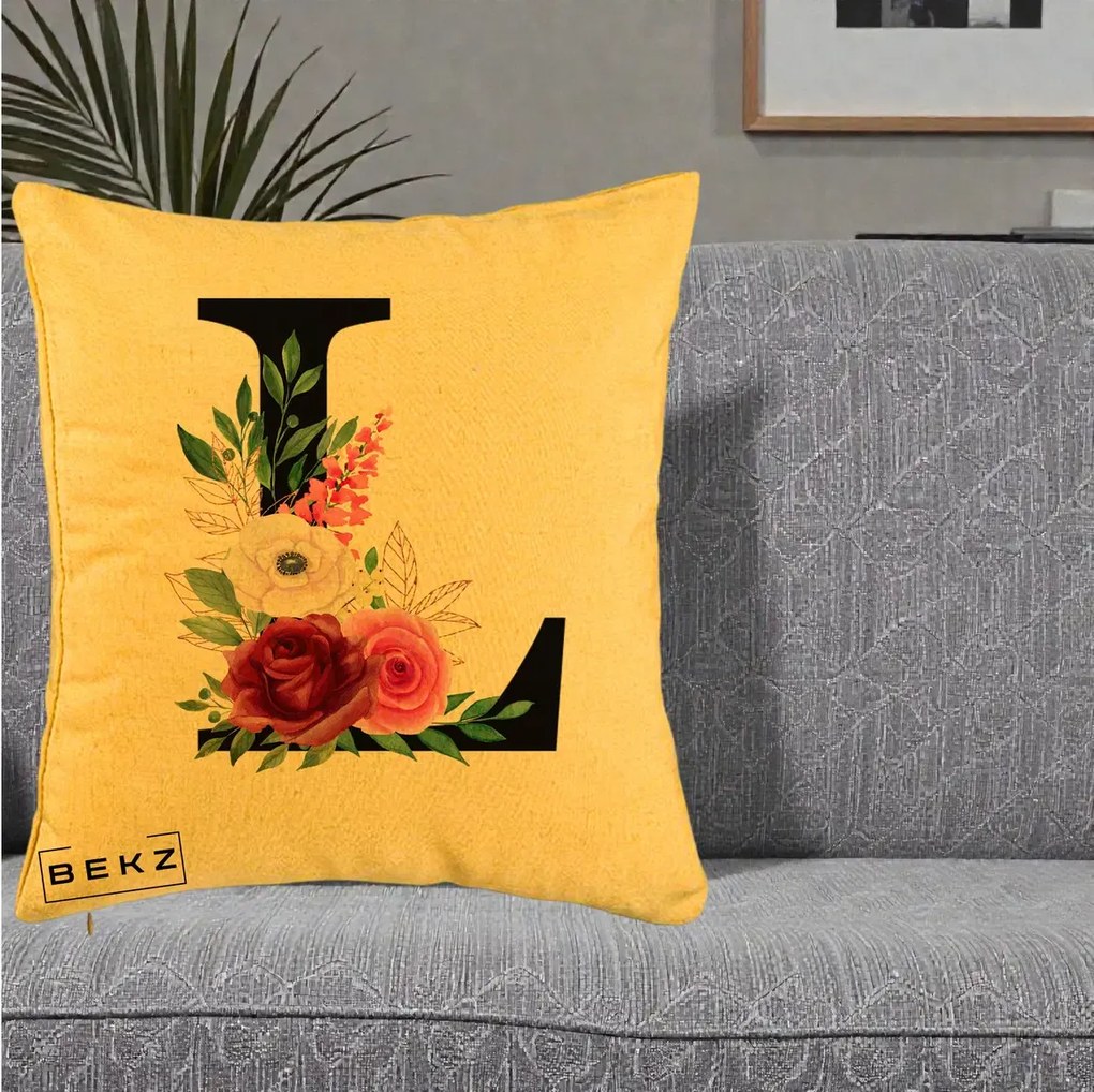 Cadou Personalizat - Perna Personalizata Monograma Florala Litera L, 40x40 cm, Galben, Husa Detasabila, Perna Inclusa, BEKZ®