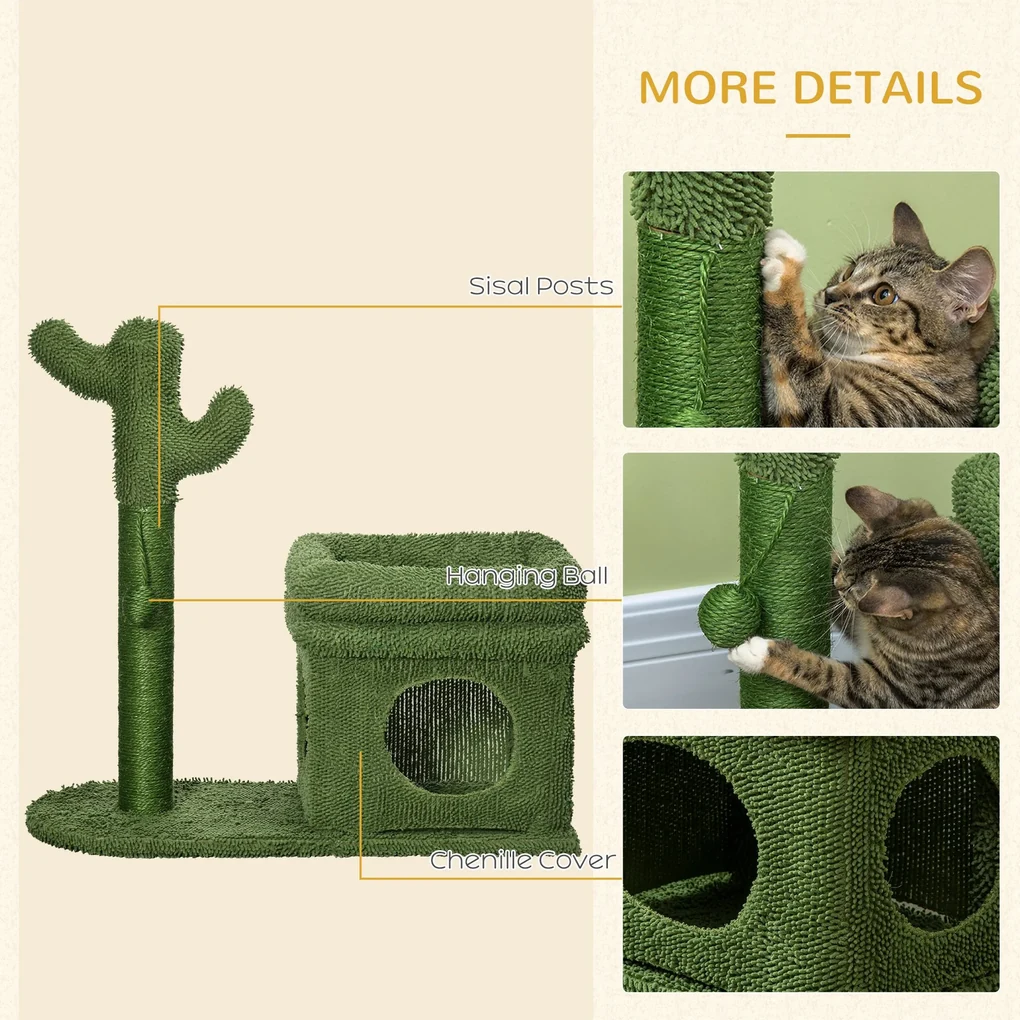 PawHut Turn pentru Pisici sub 5kg, Design Cactus din Lemn, cu Pat, 68x30x67cm, Verde, Unic și Stilat | Aosom Romania