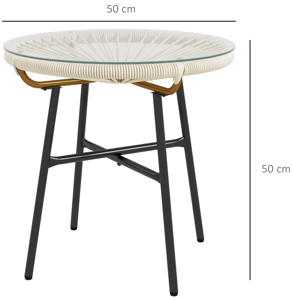 Outsunny Masă de cafea rotundă de grădină din rășină imitație rotin metal și blat sticlă temperată Ø 50 x 50 cm crem | Aosom Romania