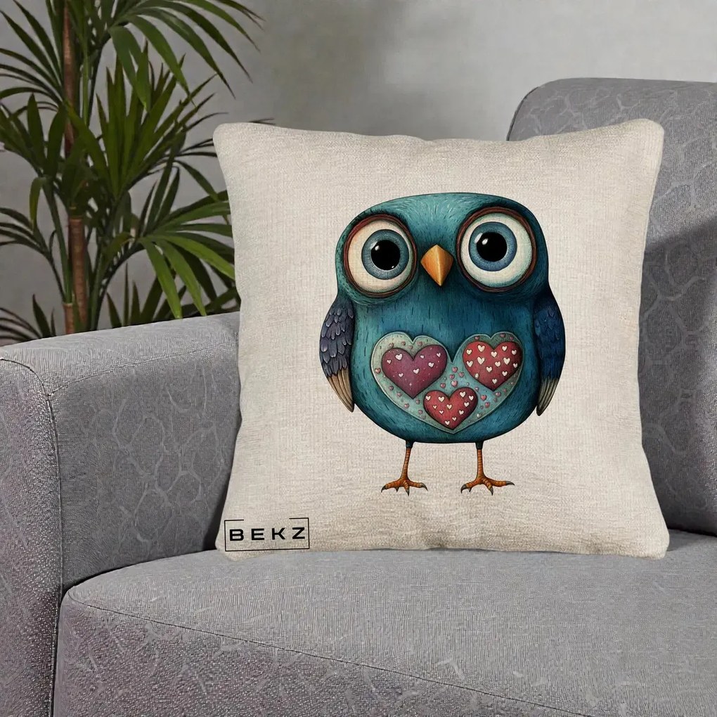 Perna Decorativa Bufnita Teal cu Doua Inimi, 40x40 cm, Bej Canapea, Husa Detasabila, Perna Inclusa, BEKZ®