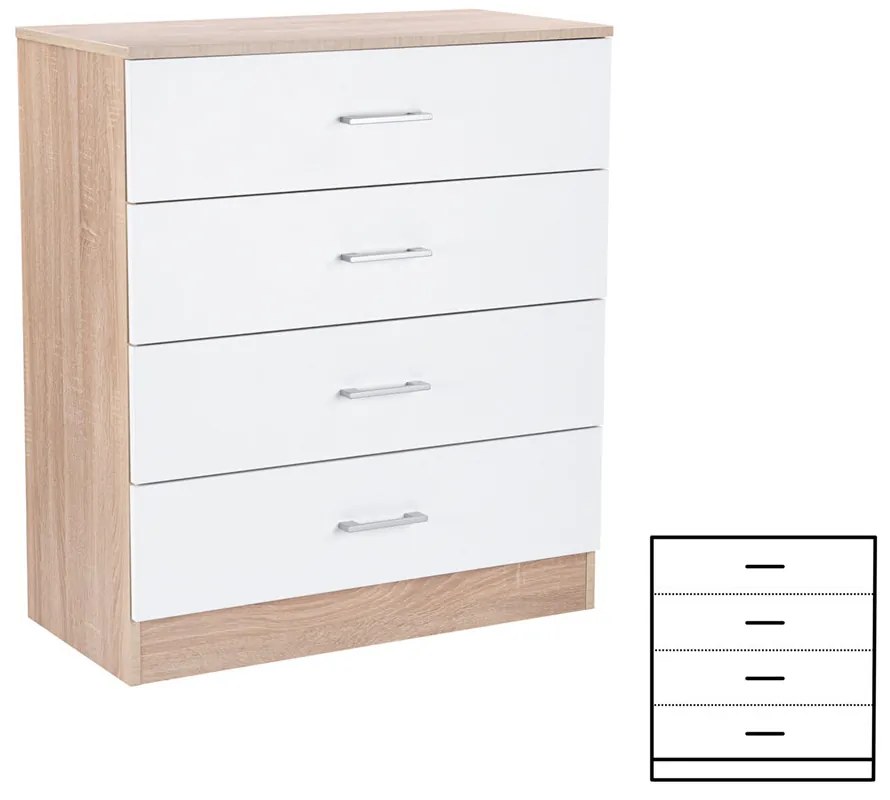Comodă Miami cu 4 sertare 80x92 cm alb-stejar sonoma