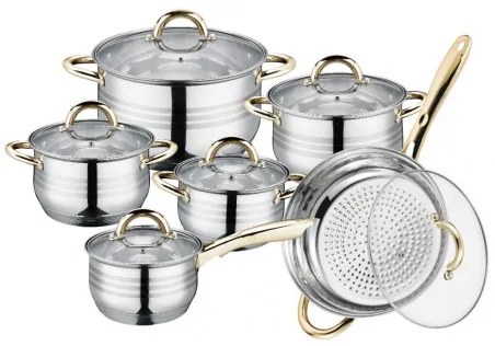 Set oale si tigaie Royalty Line RL-1231G, 12 piese, Baza multistrat, Inductie, Inox/Auriu