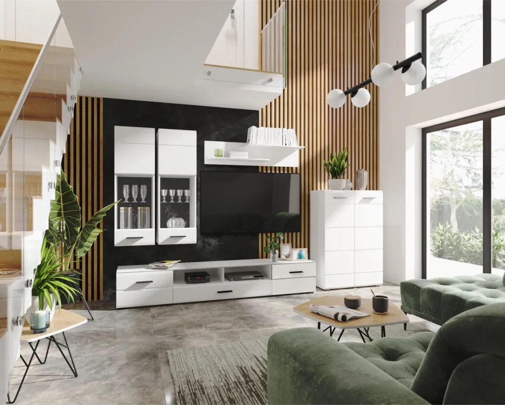 Mobilier perete living, alb extra lucios HG, ARCTIC