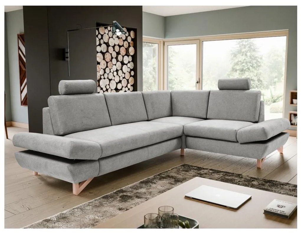 Colțar extensibil tapițat AVESTA, cu spațiu de depozitare, în formă de L, pe partea dreaptă, gri