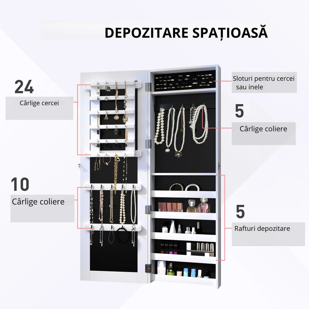 HOMCOM Dulap pentru Bijuterii cu Oglindă, Montare pe Perete, Negru, 37x9.5x121 cm | Aosom Romania