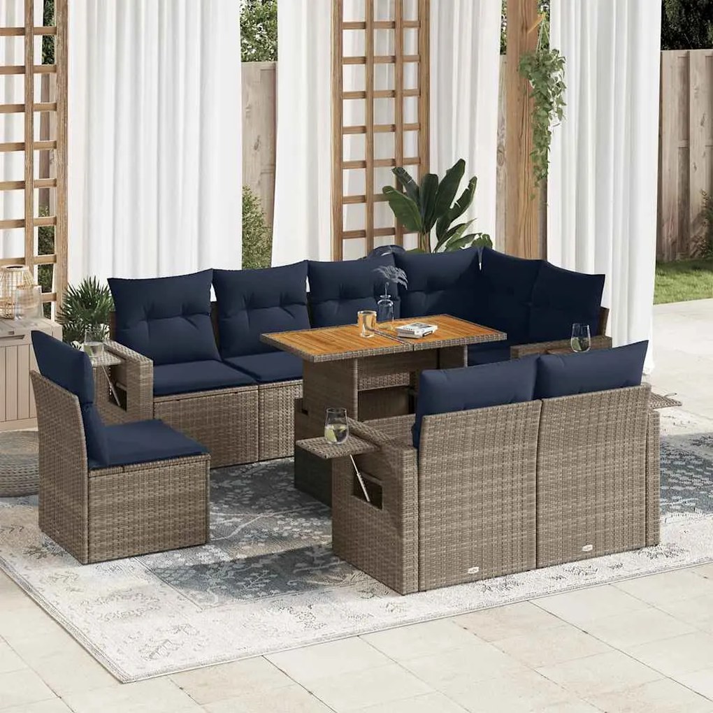 vidaXL Set canapele de grădină, 9 piese, cu perne, gri, poliratan
