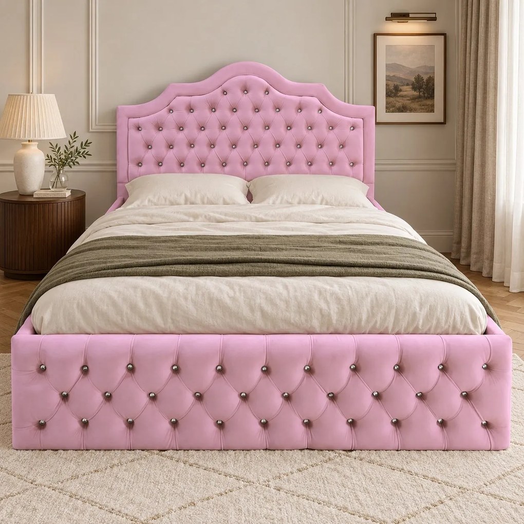 Pat tapițat Chesterfield din catifea Imperio Deluxe 140×200 cm, roz, cu ladă de depozitare