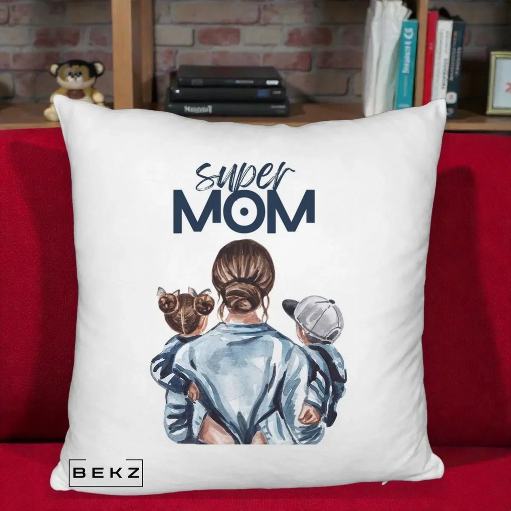 Cadou pentru Mama - Perna Personalizata Super Mom, 40x40 cm, Alb Pufos, Husa Detasabila, Perna Inclusa, BEKZ®