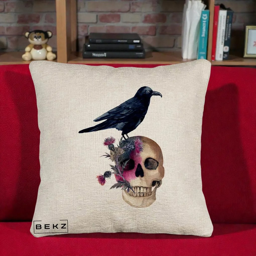 Perna Decorativa Craniu cu Corb si Flori Gothic, 40x40 cm, Bej Canapea, Husa Detasabila, Perna Inclusa, BEKZ®
