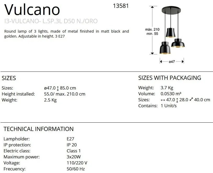 Lustra cu 3 pendule din metal negru cu auriu Vulcano