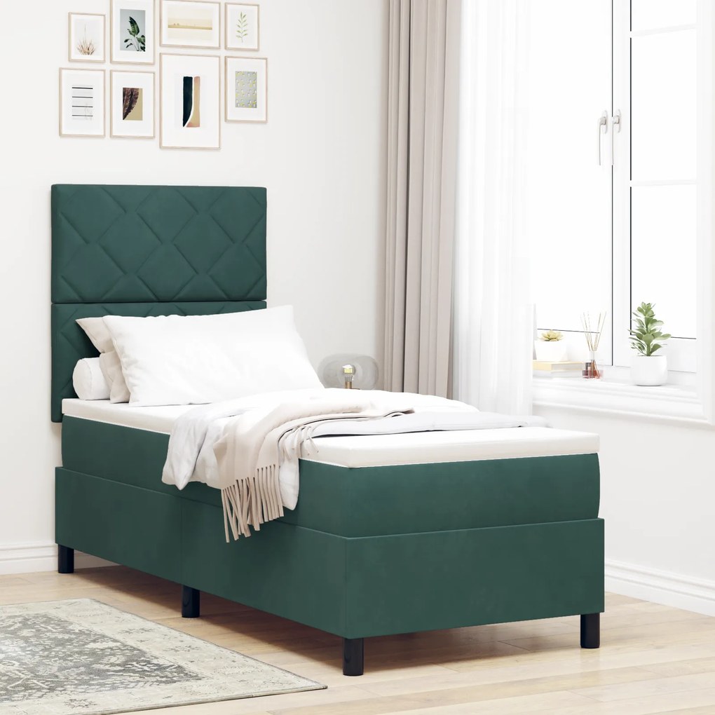 vidaXL Pat box spring cu saltea &amp; LED, verde închis, 80x200 cm catifea