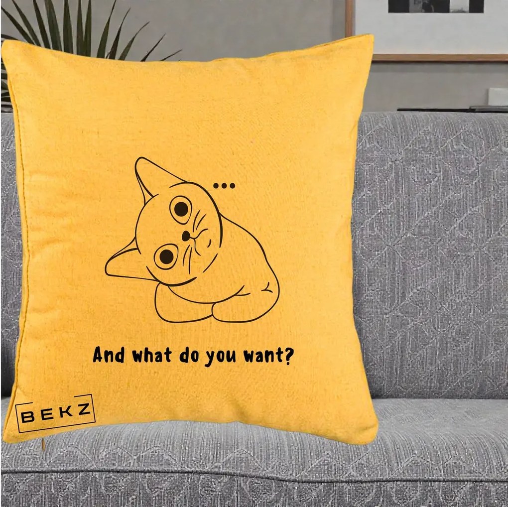 Perna Decorativa And What Do You Want Cat, 40x40 cm, Galben, Husa Detasabila, Perna Inclusa, BEKZ®