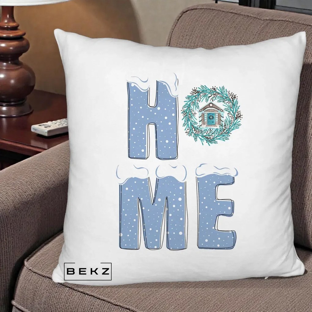 Perna Decorativa HOME Iarna cu Coroana, 40x40 cm, Alb Pufos, Husa Detasabila, Perna Inclusa, BEKZ®