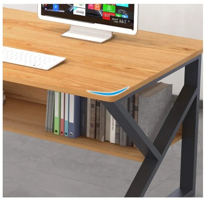 Birou SHAPE cu raft in decor stejar si picioare negre 100x60 cm
