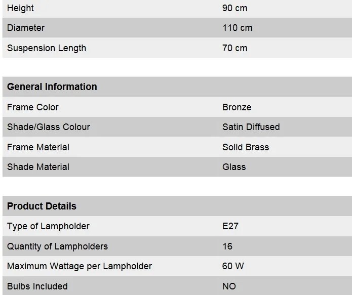 Candelabru cu 16 brate, elegant design LUX Budapest, bronz LU 1440/10+5+1 bronze/376 klar-matt OR