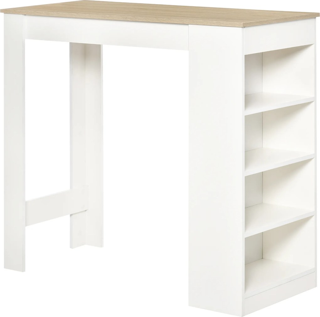 HOMCOM Masă de bar pentru 2 persoane, masă înaltă stand-up cu 4 rafturi deschise, 115x50x102,7cm, alb și lemn natural | Aosom Romania