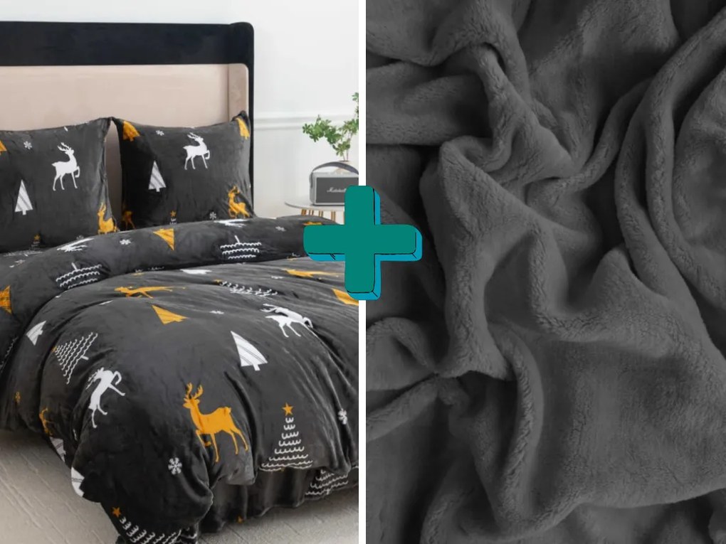 Set 2 buc lenjerie microplus WHITE TREES gri inchis + cearsaf microplus SOFT 180x200 cm gri inchis, pat dublu