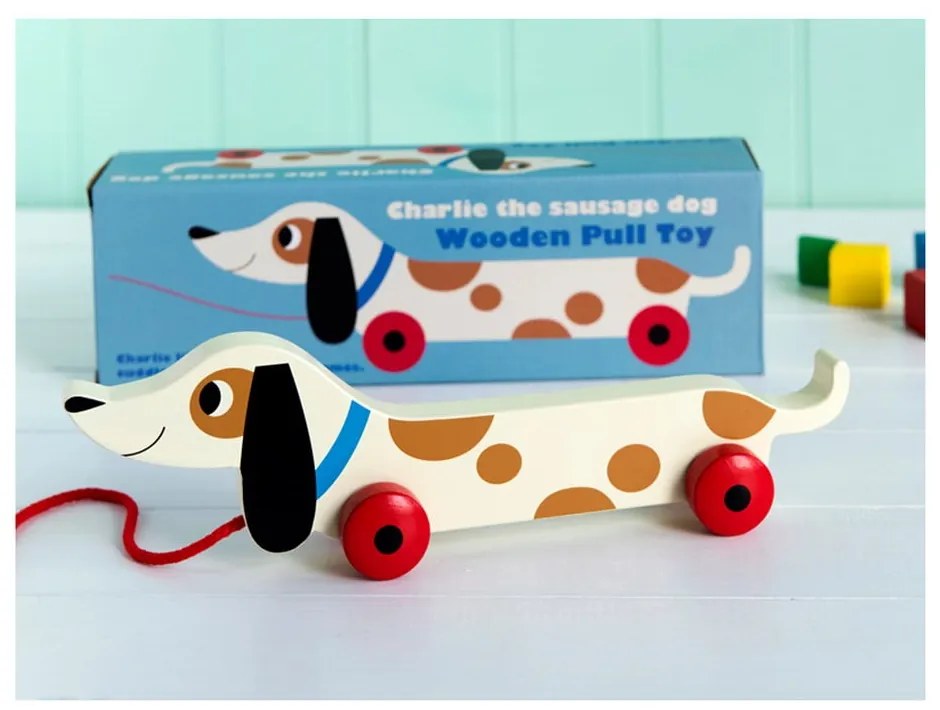 Jucărie - cățel din lemn pe roți Rex London Charlie The Sausage Dog, lungime 31,5 cm