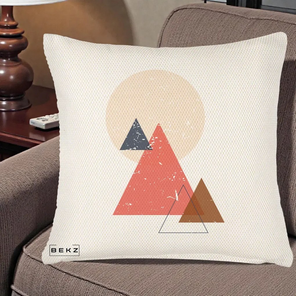 Perna Decorativa Geometric Munti si Soare, 40x40 cm, Crem Reliefat, Husa Detasabila, Perna Inclusa, BEKZ®