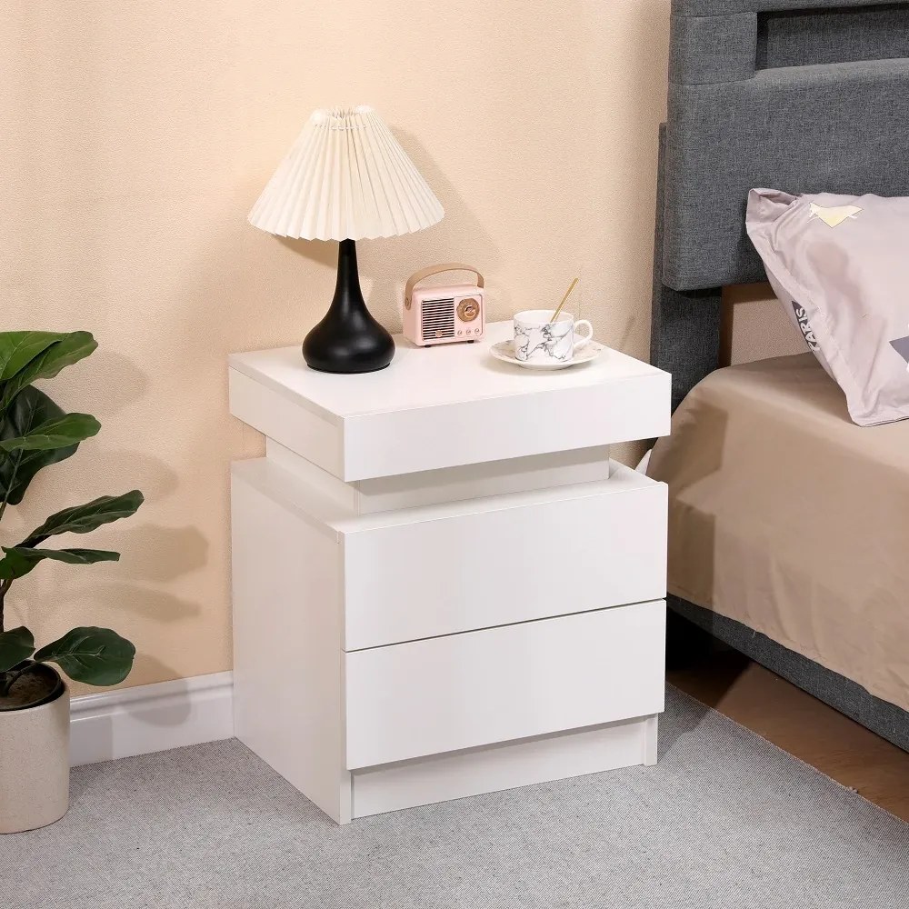 Noptieră cu 2 sertare, iluminare LED in 3 culori, Alb, 45x35x52 cm