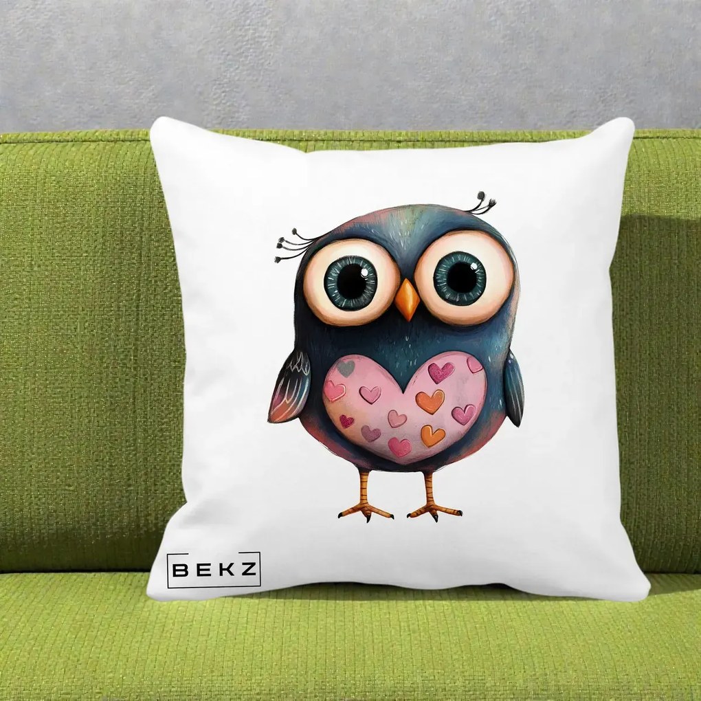 Perna Decorativa Bufnita cu Inimioare Roz, 40x40 cm, Alba Mata, Husa Detasabila, Perna Inclusa, BEKZ®