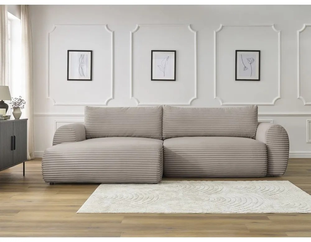 Colțar gri deschis/bej extensibil cu tapițerie din catifea reiată (cu colț pe partea stângă ) Lucien – Bobochic Paris