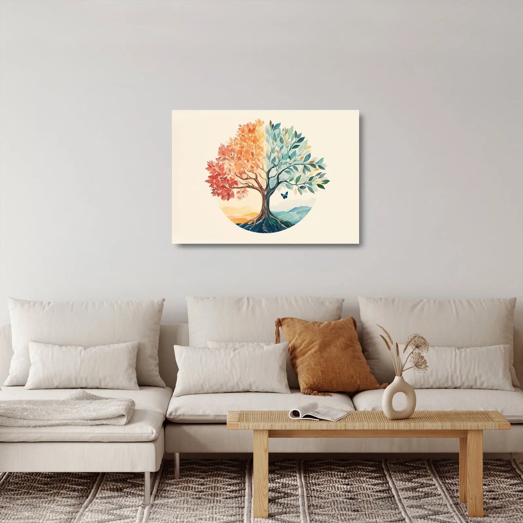Tablou pe sticlă – Arbore dual cu fluture (70x50 cm)