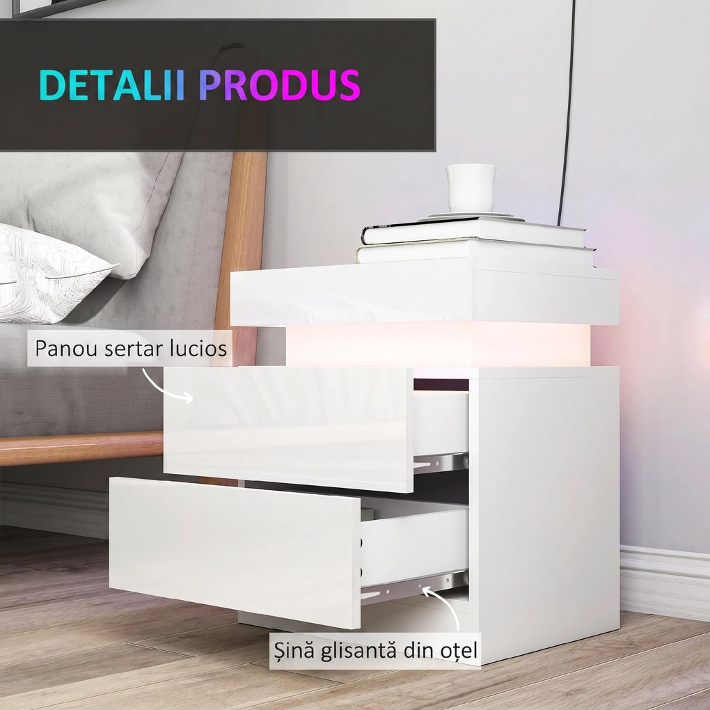 HOMCOM Set 2 Noptiere LED cu 4 Moduri, 2 Sertare, PAL, 45x35x52 cm, Alb Lucios | Aosom Romania