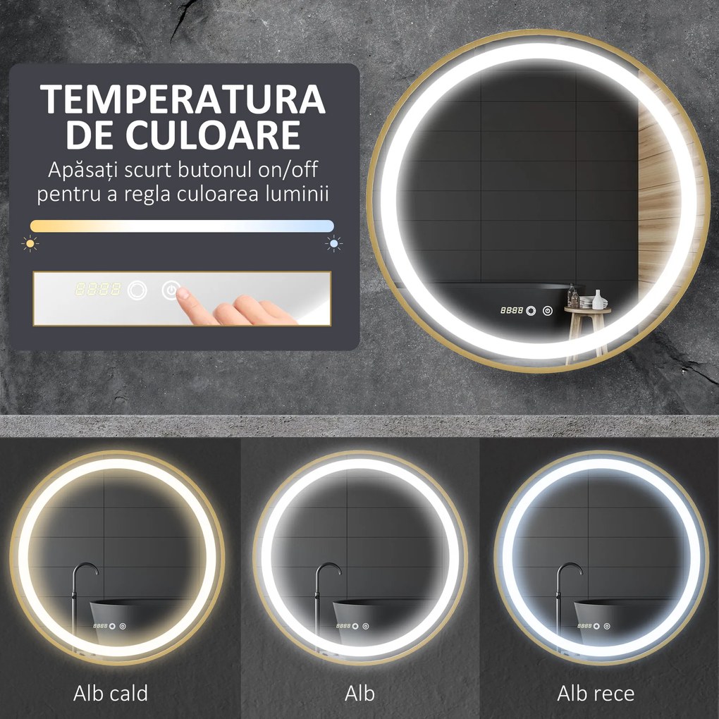 kleankin Oglindă de Baie Rotundă cu Lumină LED, Luminozitate Reglabilă și Întrerupătoare Touch, Ø60x4 cm, Auriu | Aosom Romania