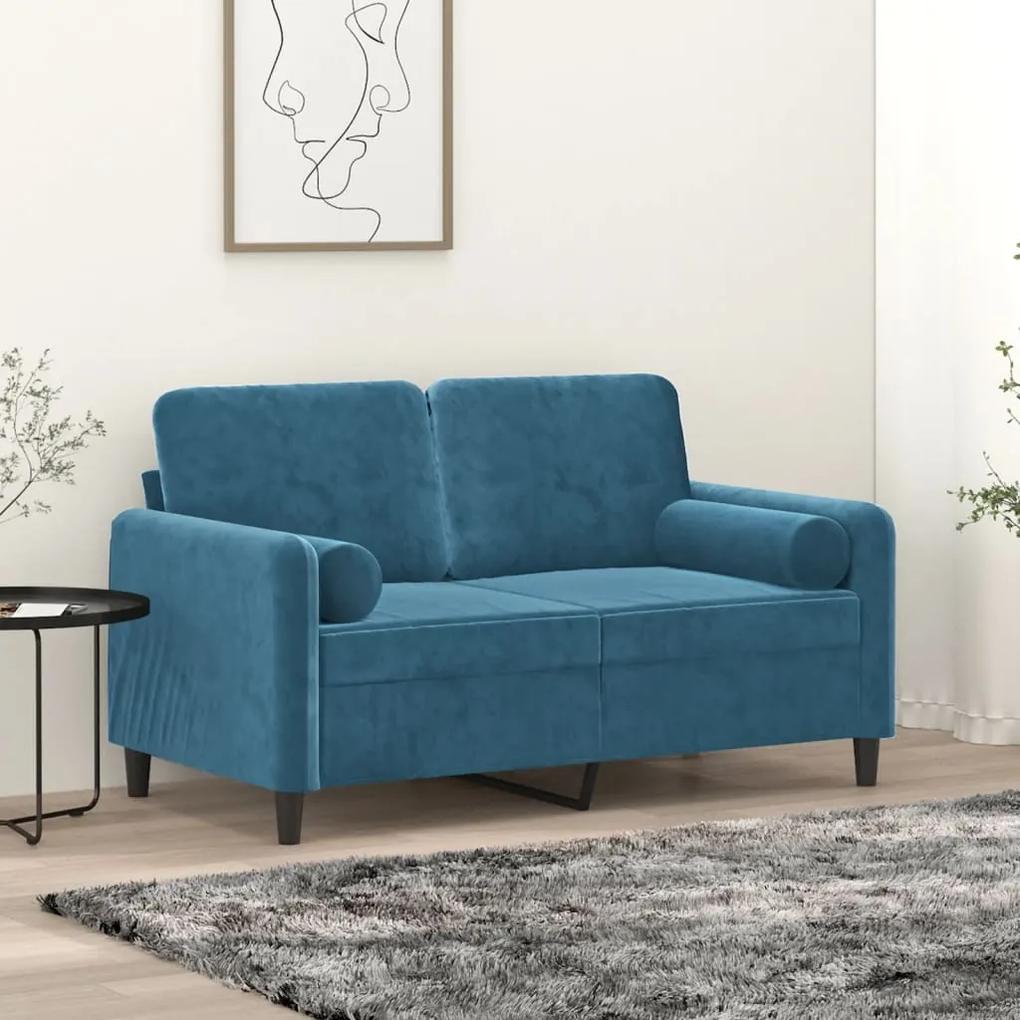 Canapea cu 2 locuri cu pernute, albastru, 120 cm, catifea