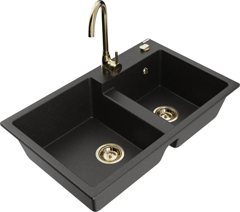 Mexen Tomas chiuvetă de bucătărie din granit cu 2 compartimente și baterie Telma, negru/auriu metalic - 6516-75-670200-50