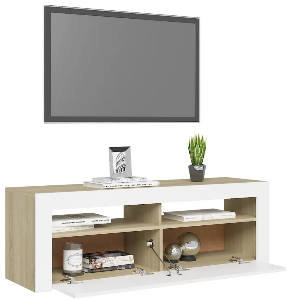 Comoda TV cu lumini LED, alb si stejar sonoma, 120x35x40 cm 1, alb si stejar sonoma