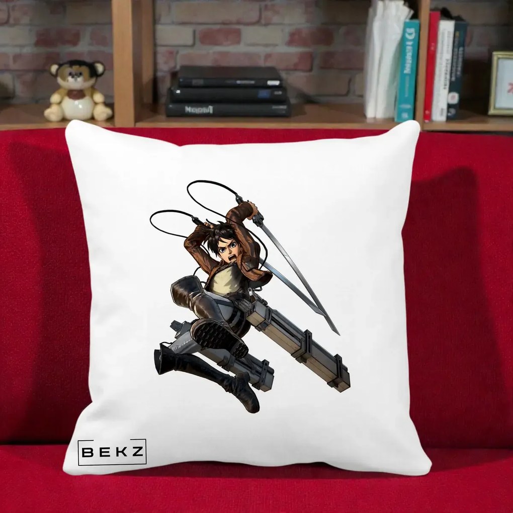 Perna Personalizata Attack on Titan Eren Yeager Lupta, 40x40 cm, Alba Mata, Husa Detasabila, Perna Inclusa, BEKZ®