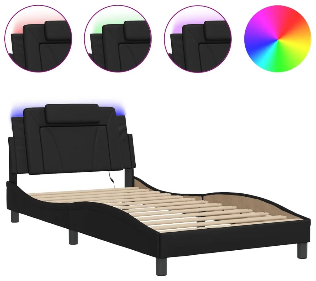 3214001 vidaXL Cadru de pat cu lumini LED, negru, 100x200 cm, piele ecologică