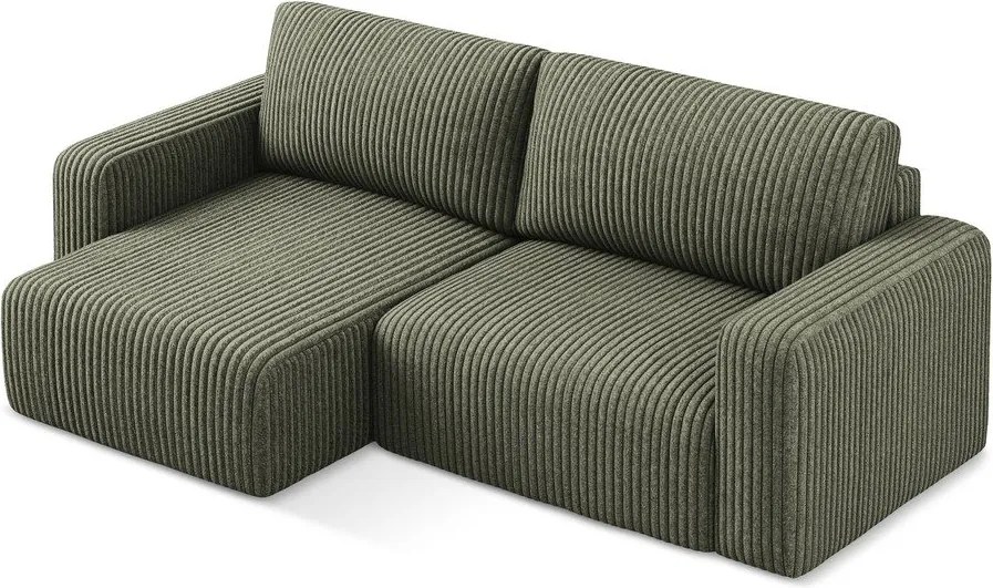 Colțar verde extensibil/cu spațiu de depozitare cu tapițerie din catifea reiată (cu colț pe partea stângă/cu șezlong) Kona – Makamii