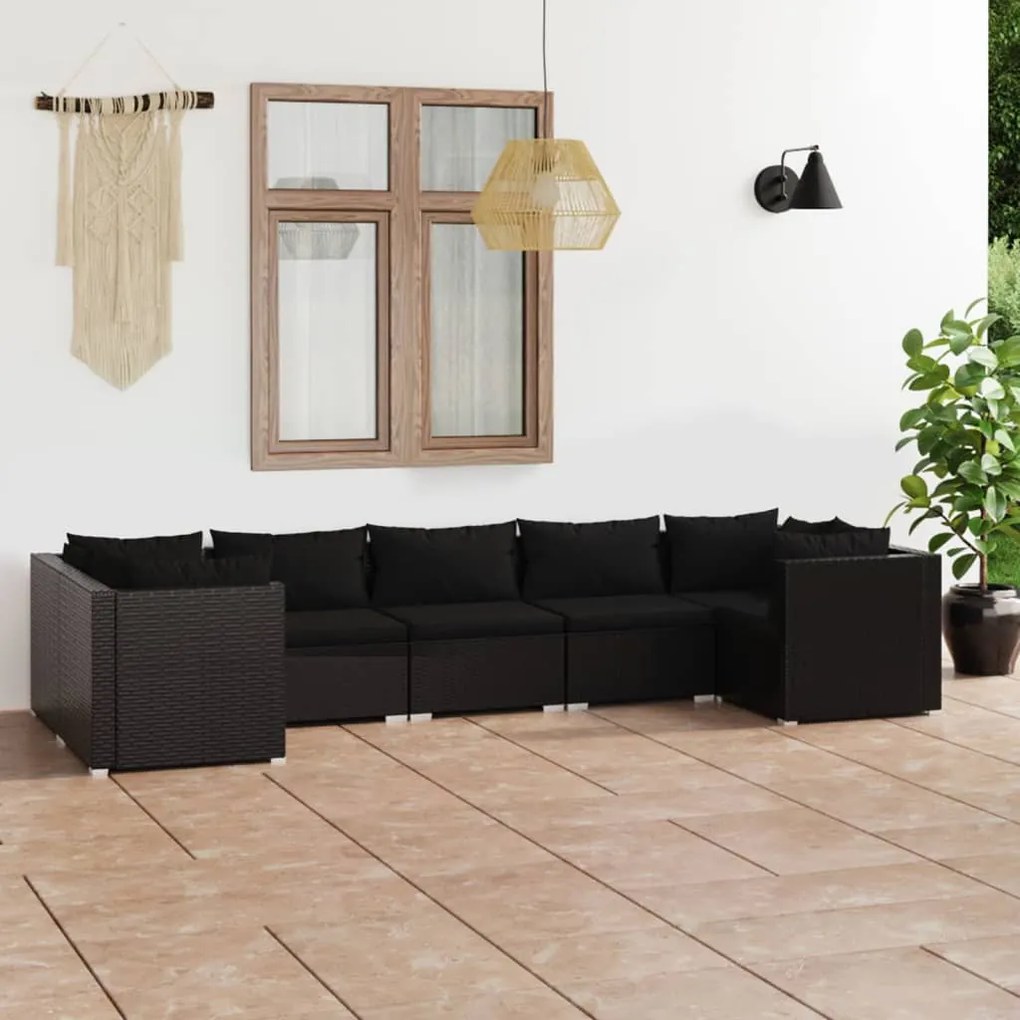 Set mobilier de gradina cu perne, 7 piese, negru, poliratan