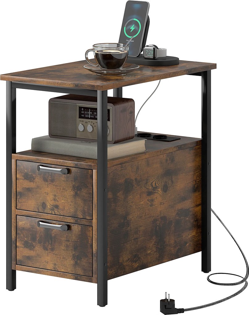 HOMCOM Măsuță laterală cu stație de încărcare, porturi USB, prize, 2 sertare și raft pentru living, dormitor | Aosom Romania