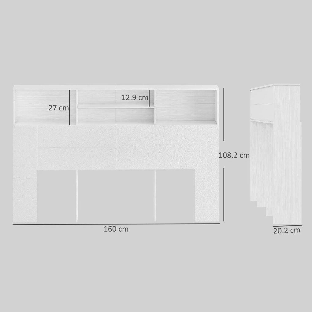 HOMCOM Tăblie pe picioare cu depozitare, accesoriu de pat 4 compartimente deschise, 160 x 20,2 x 108,2 cm, alb | Aosom Romania