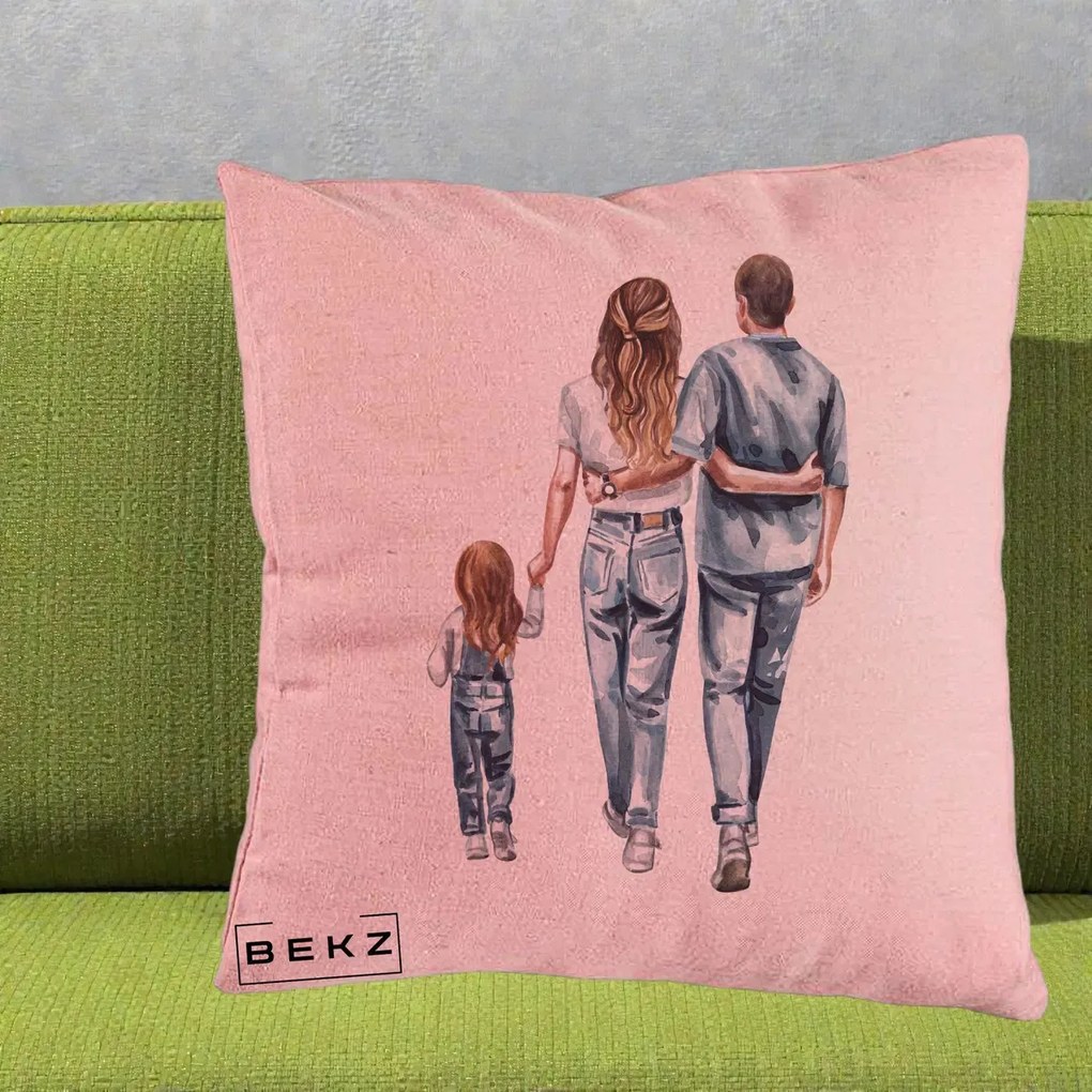 Cadou pentru Familie - Perna Personalizata Familie Acuarela Jeans, 40x40 cm, Roz, Husa Detasabila, Perna Inclusa, BEKZ®