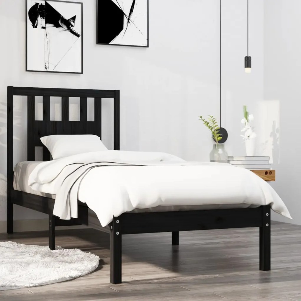 3104027 vidaXL Cadru de pat mic single, negru, 75x190 cm, lemn masiv