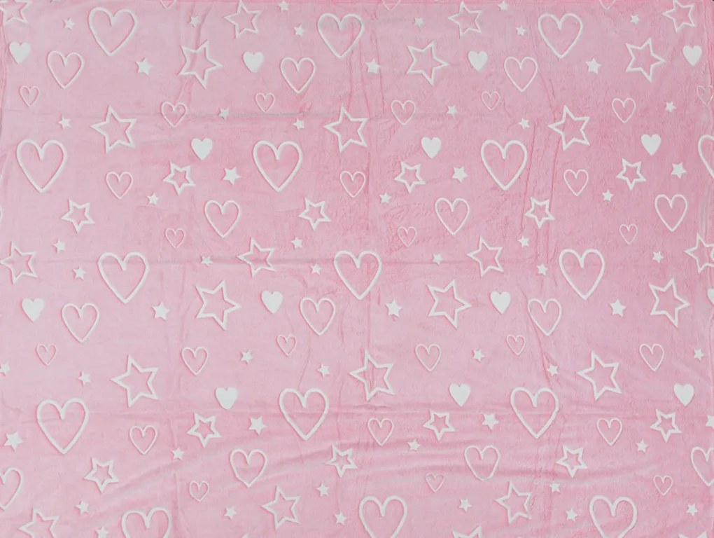 Patura fosforescenta microflanel HEARTS AND STARS 150x200 cm roz