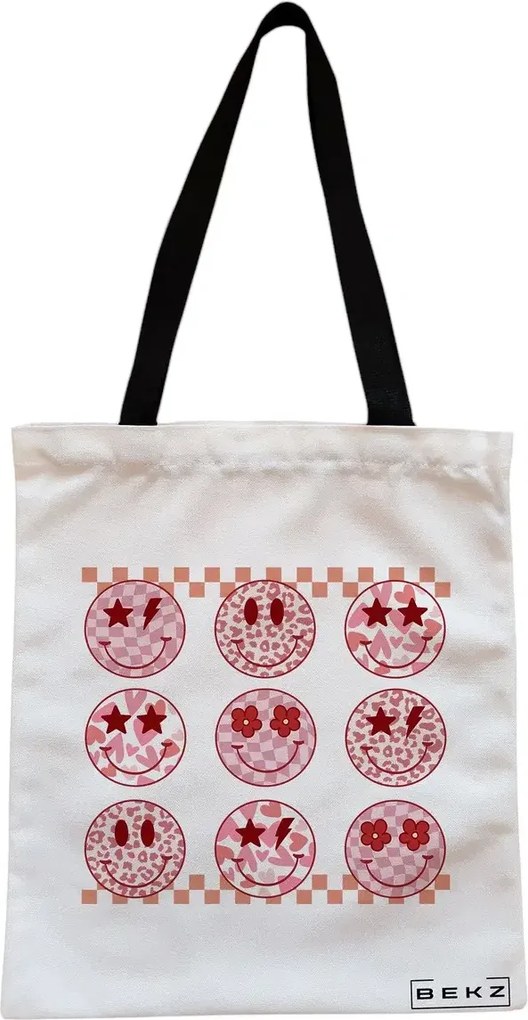 Sacosa de Panza pentru Cumparaturi, Geanta Tote, model Rose Smilies, Cu fermoar, 38x34.5 cm, Alba, BEKZ®