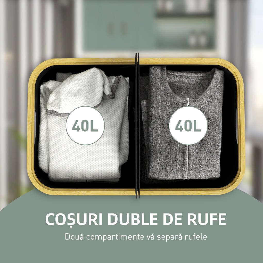 HOMCOM Coș pentru Rufe de 80L cu 2 Secțiuni și Capac din Material Textil și Bambus, 54x34x58,5 cm, Negru | Aosom Romania