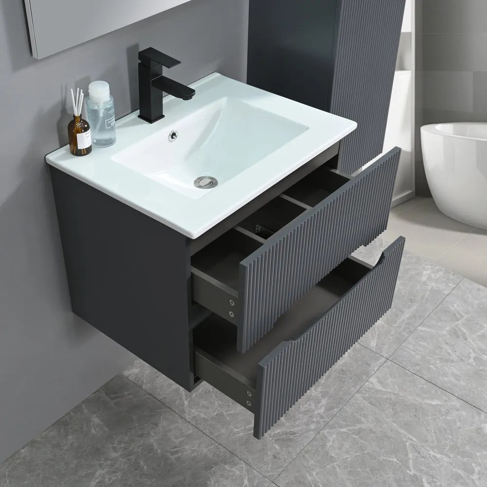 Trent mobilier de baie 60 cm chiuvetă ceramică (2 sertare) cu oglindă 60x80 cm gri antracit