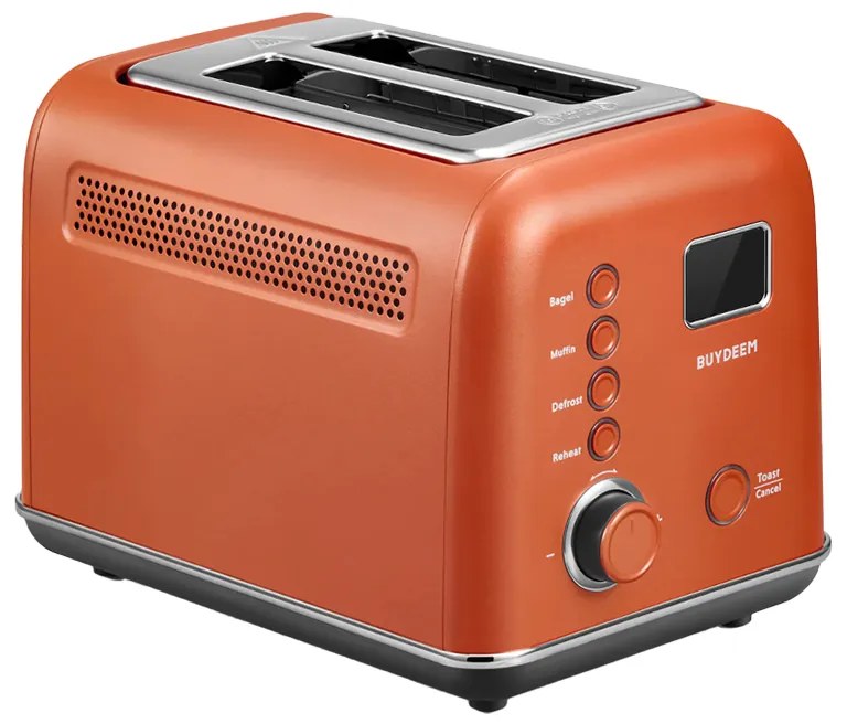 Prajitor de paine BUYDEEM DT730E, 900W, 2 felii, 9 programe automate, 9 trepte de prajire, Carcasa din otel inoxidabil, Afisaj LCD, Indicatori LED, Auto-centrare, Timer, Portocaliu