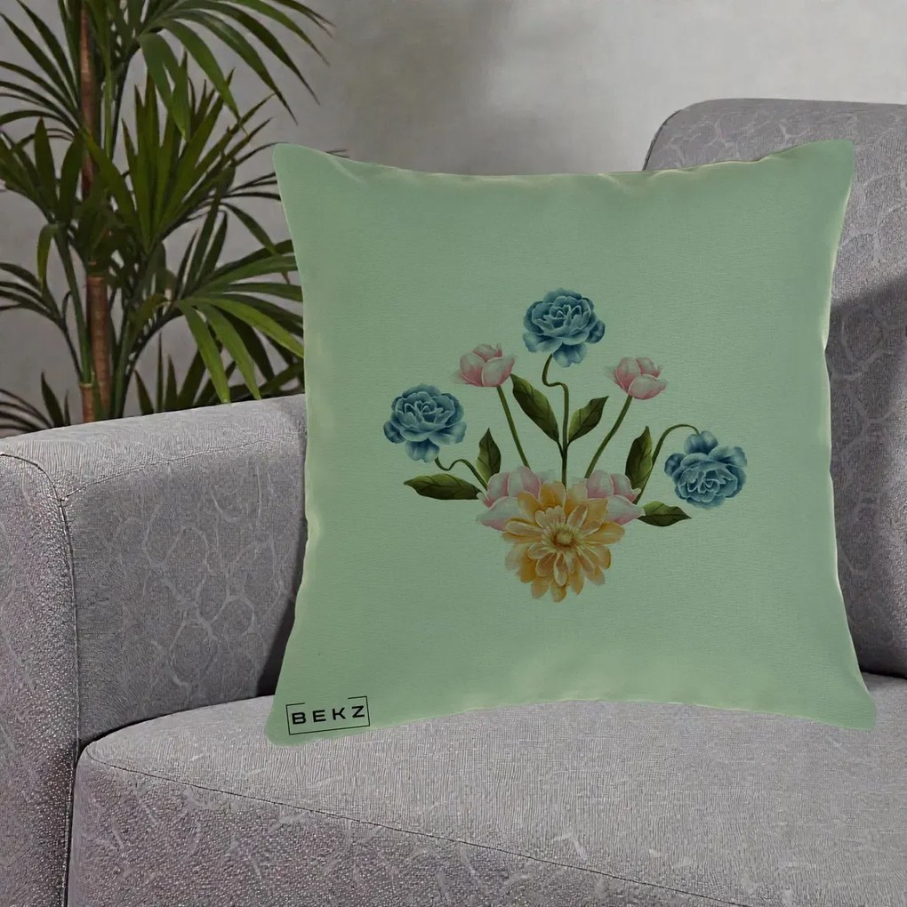 Perna Decorativa Buchet Primavara Acuarela, 40x40 cm, Verde, Husa Detasabila, Perna Inclusa, BEKZ®